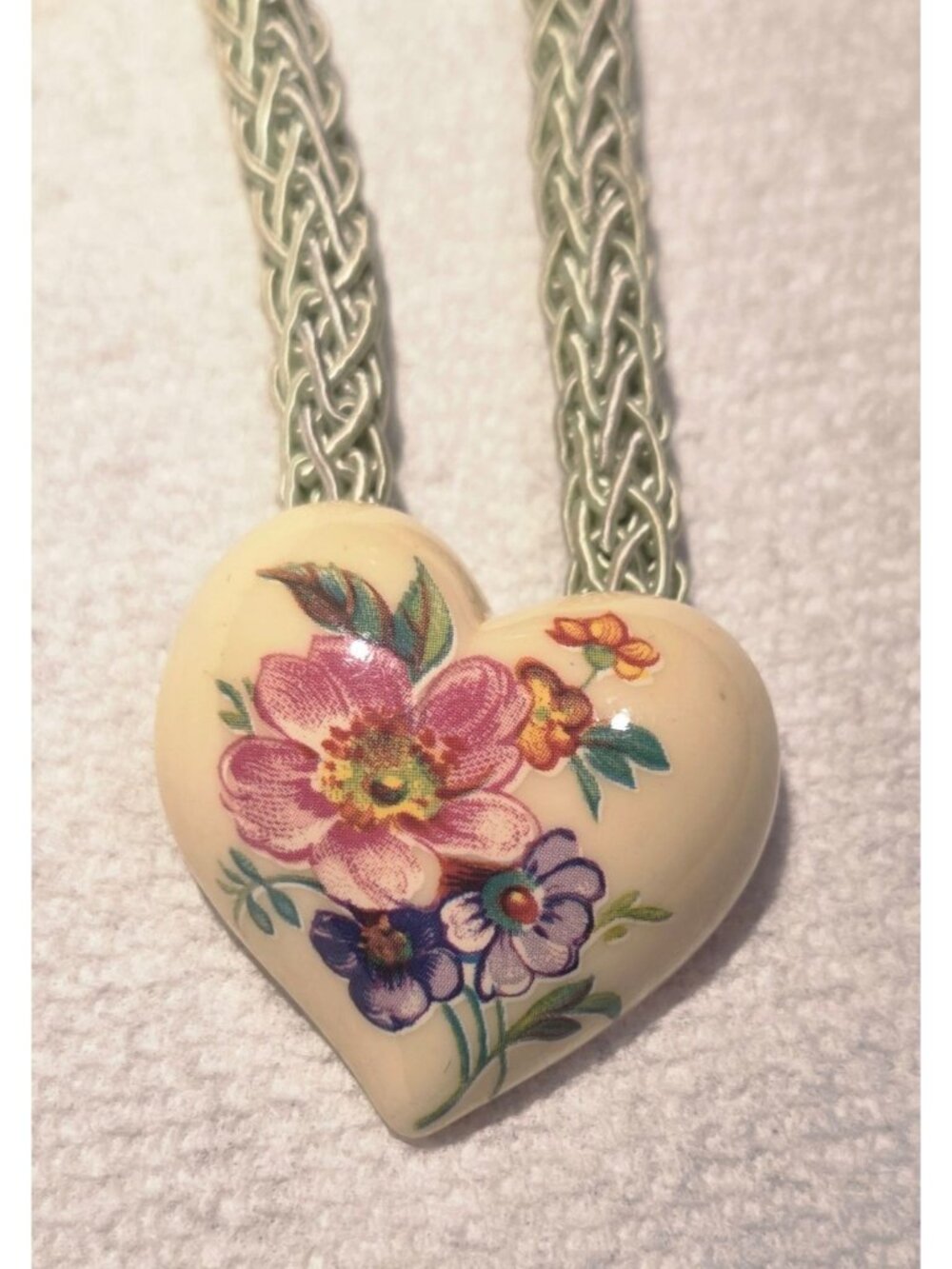 Floral Design Heart Pendant  With Braided Green Cord